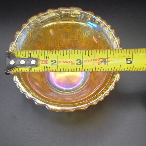 Retro Glass Bowl Marigold Iridescent Basket Weave Pattern Vintage Collectible - Picture 6 of 8